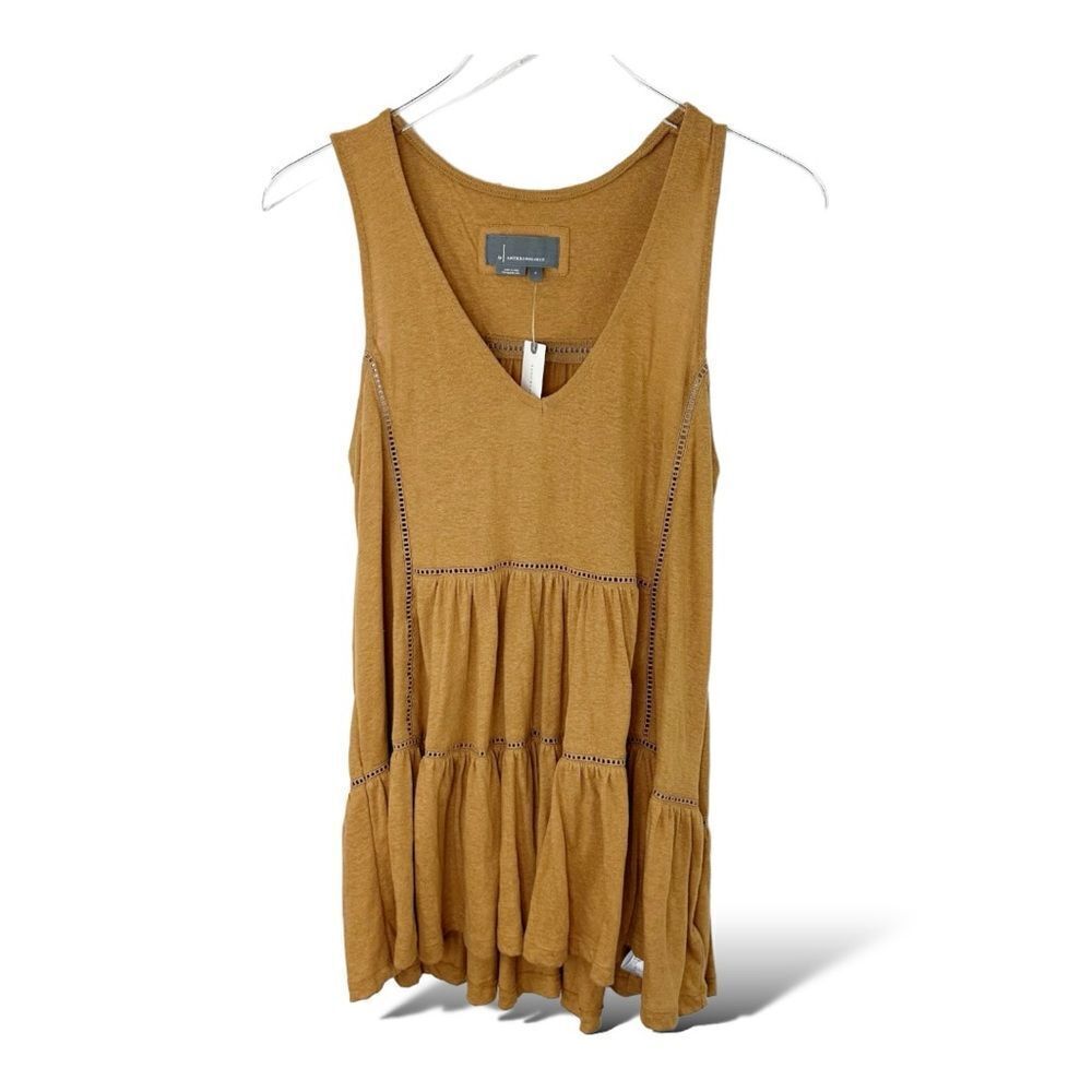 Anthropologie Malaga Tiered Tank Top Tunic Ochre Mustard Eyelet Crochet Sz Small
